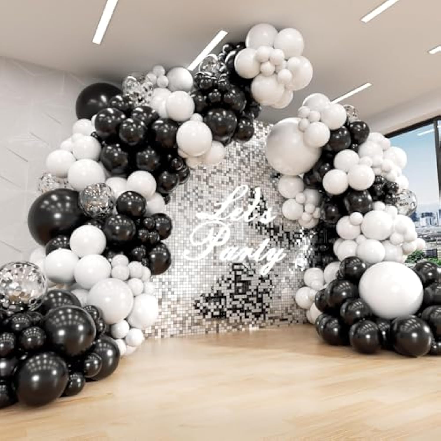 Black And White Balloon Arch Kit, Black And White Balloons With Silver Confetti Balloons For Birthday Graduation Engagement Baby Shower Party Decorations