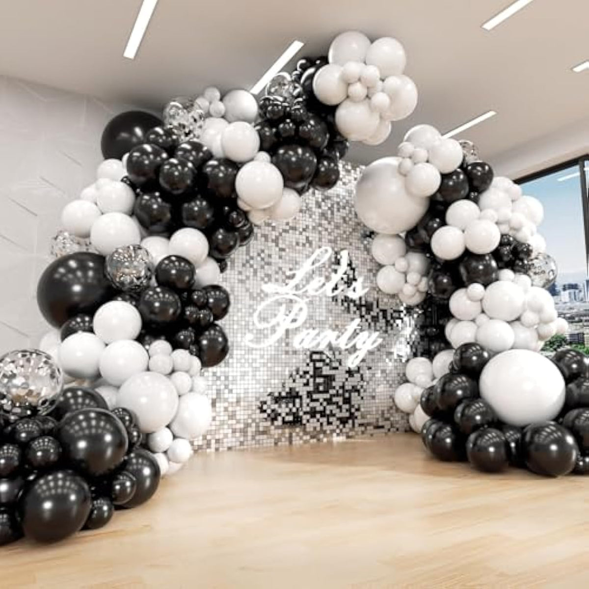 Black And White Balloon Arch Kit, Black And White Balloons With Silver Confetti Balloons For Birthday Graduation Engagement Baby Shower Party Decorations