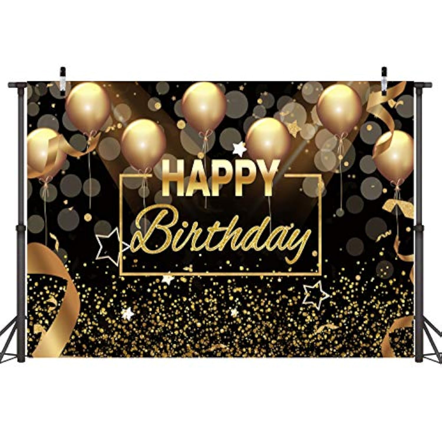 Happy Birthday Party Backdrop Banner Black Gold Balloons Glitter Bokeh Spots Men Women Bday Photography Background For Adult Birthday Cake Table Decoration Supplies Photo Booth Backdrops 8X6Ft