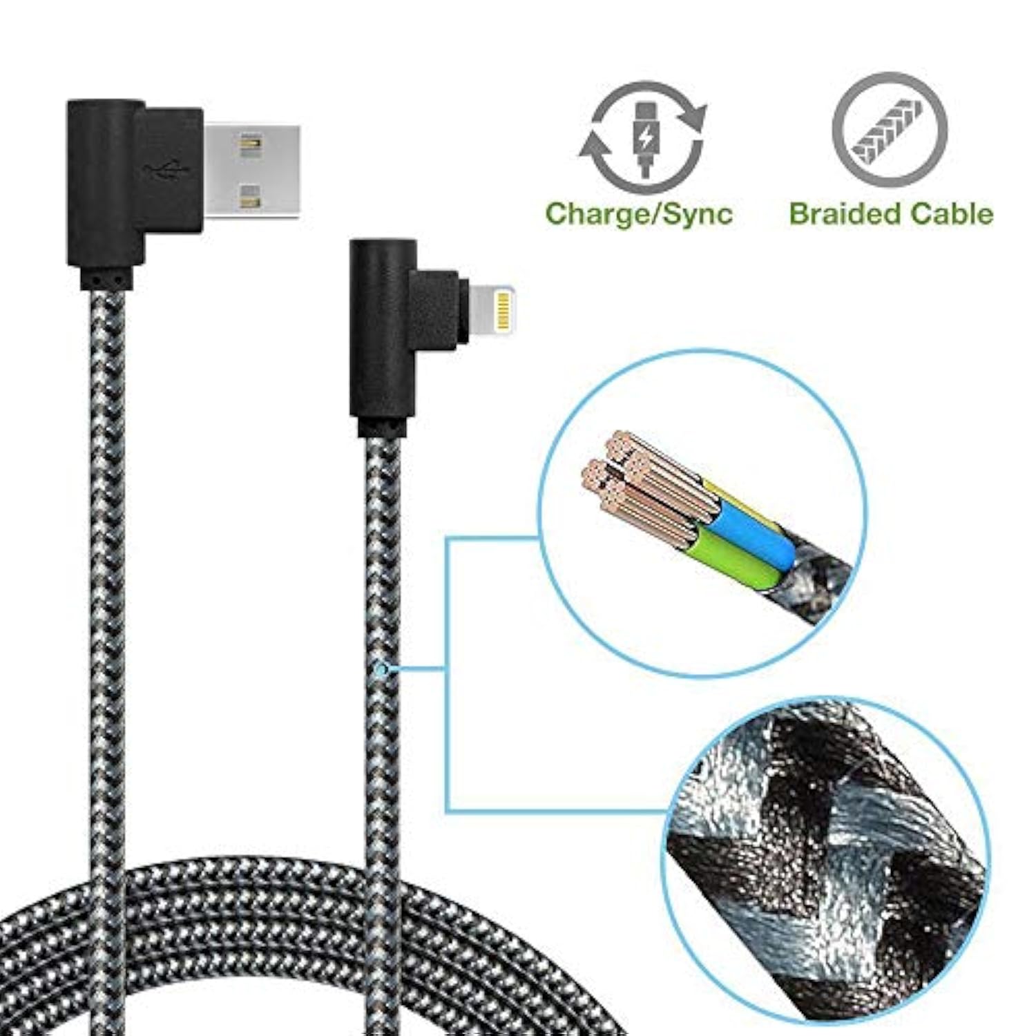 3 Pack 10Ft/3M [The Most Durable Cable] 90 Degree Charging Cable Extra Long Nylon Braided Certified Cable Compatible With Iphone 12/11/Xs Max/Xs/Xr/X, 8 7 6 (Black Gray, 10Ft)
