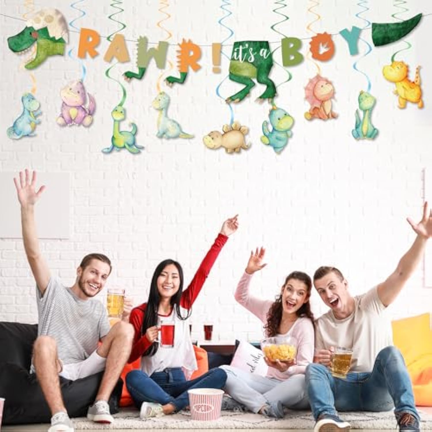 Boy Dinosaur Baby Shower Decorations Banner And Party Swirls Set, Jungle Animal Dino Theme Rawr It'S A Boy Party Banner And Hanging Set Supplies Decorations