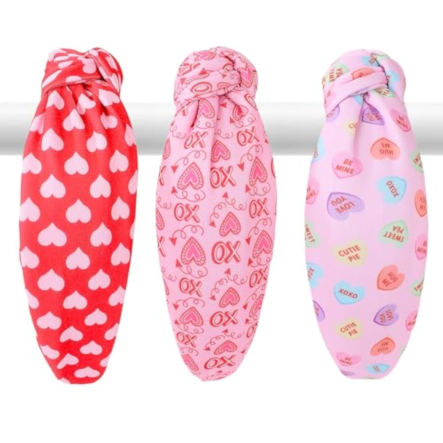 3Pcs Valentine'S Day Headbands For Women, Heart Love Holiday Knotted Hair Hoops, Festive Gift Hair Accessory (Pink)