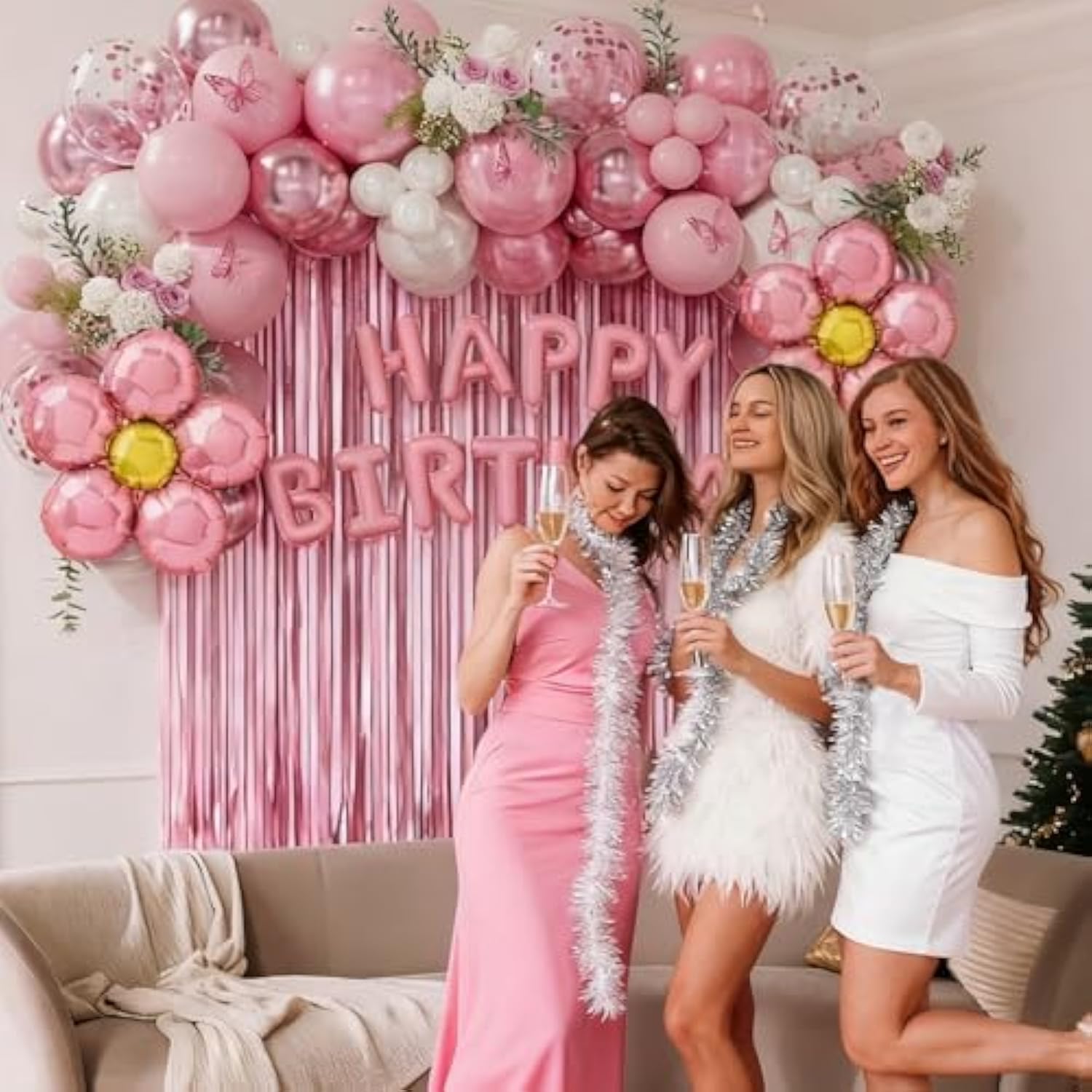 Pink Birthday Party Decorations, Pearl White Pink Metallic Pink Flower Foil Balloons Birthday Banner Butterfly Fringe Curtains Decorations For Women Girls Party Supplies
