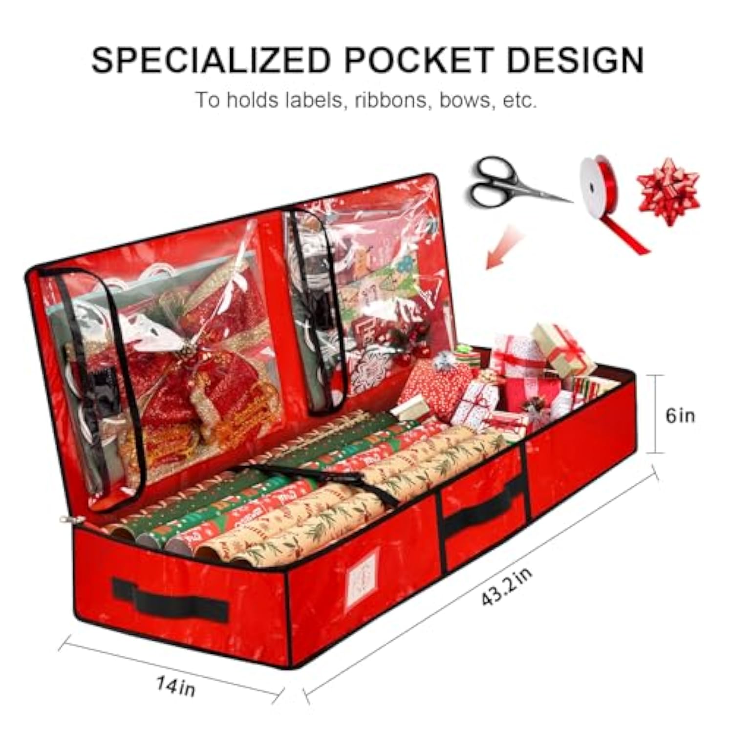 Wrapping Paper Organizer Storage Container For Christmas Holiday Gift Wrap Storage 43.2" Durable Pe Underbed Storage Container With Interior Pockets Fits 24 Paper Rolls (Red)