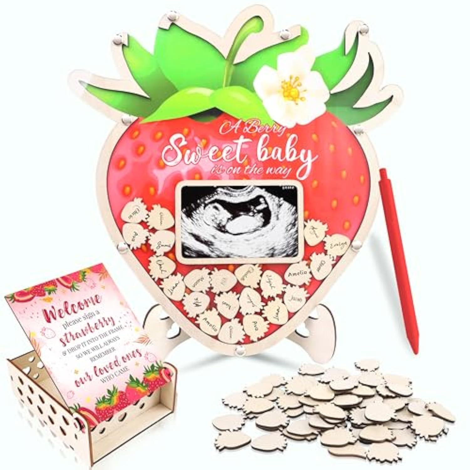 Baby Shower Guest Book Alternatives Strawberry - 63 Pcs Berry Sweet Baby Shower Decorations Guest Book - Strawberry Gender Reveal Decorations With Pen, 60 Wood Slices, Sonogram Photo Frame Keepsake For 60 Guests