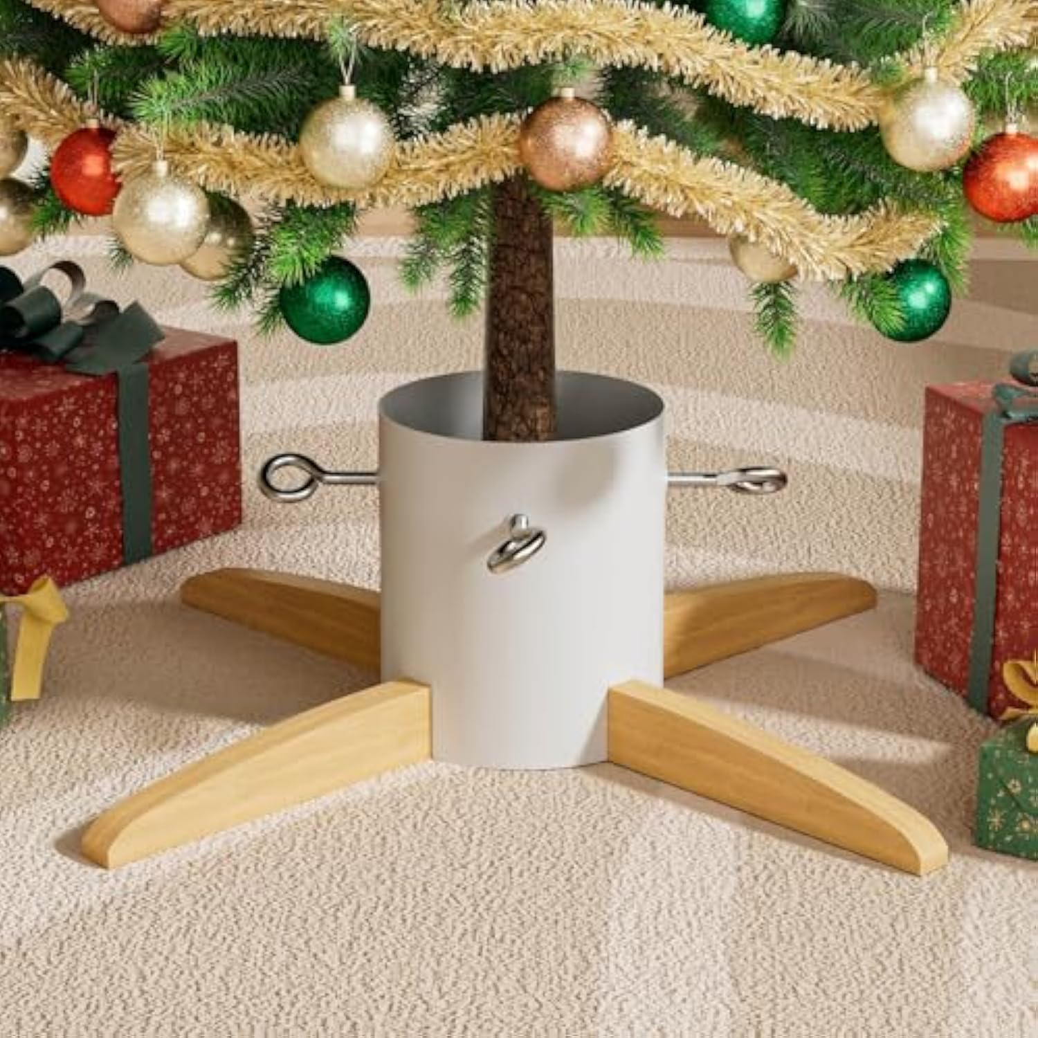 Christmas Tree Base Stand - Made Of Metal And Solid Wood, Suitable For 5-10 Ft Christmas Trees - White