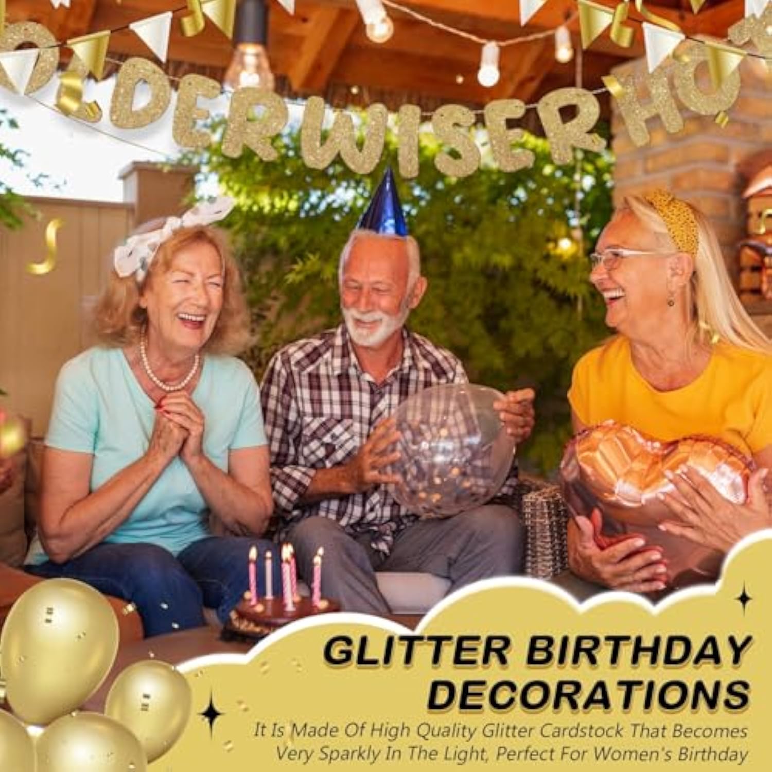 Older Wiser Hotter Glitter Banner Set: Champagne Gold Birthday Party Decor