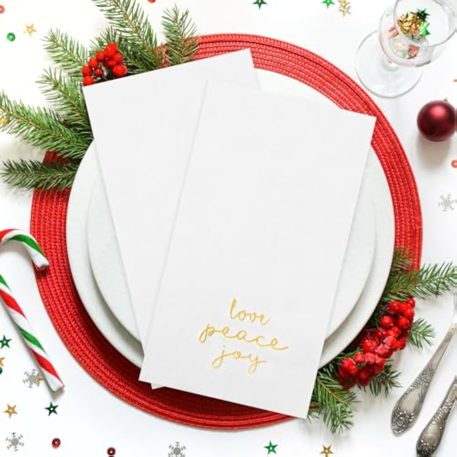 100 Pack Christmas Paper Napkins 4.38'' X 7.88'' Joy Peace Love Disposable White Decorative Table Napkin For New Year Winter Dinner Merry Christmas Holiday Xmas Decor Party Supplies Golden White