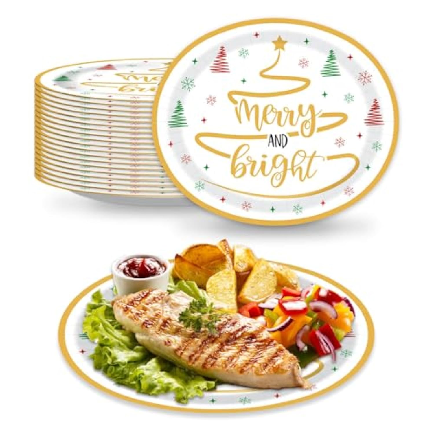 50 Pcs 10" X 12" Merry And Bright Disposable Paper Plates - Large Serving Dishes For Christmas, Xmas, Winter Holiday, Kitchen, Dinner Party Supplies
