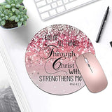 Round Mouse Pad And Coasters Set, Pink Glitter Mousepad, Inspirational Quotes Christian Bible Verse Phil 4-13 Mousepad, Non-Slip Rubber Base Mouse Pads For Laptop And Computer
