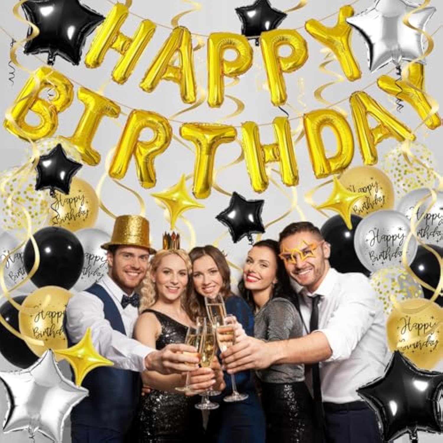 Black Gold Birthday Party Set with 3D Foil Banner Stars and Confetti Balloons