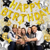 Black Gold Birthday Party Set with 3D Foil Banner Stars and Confetti Balloons