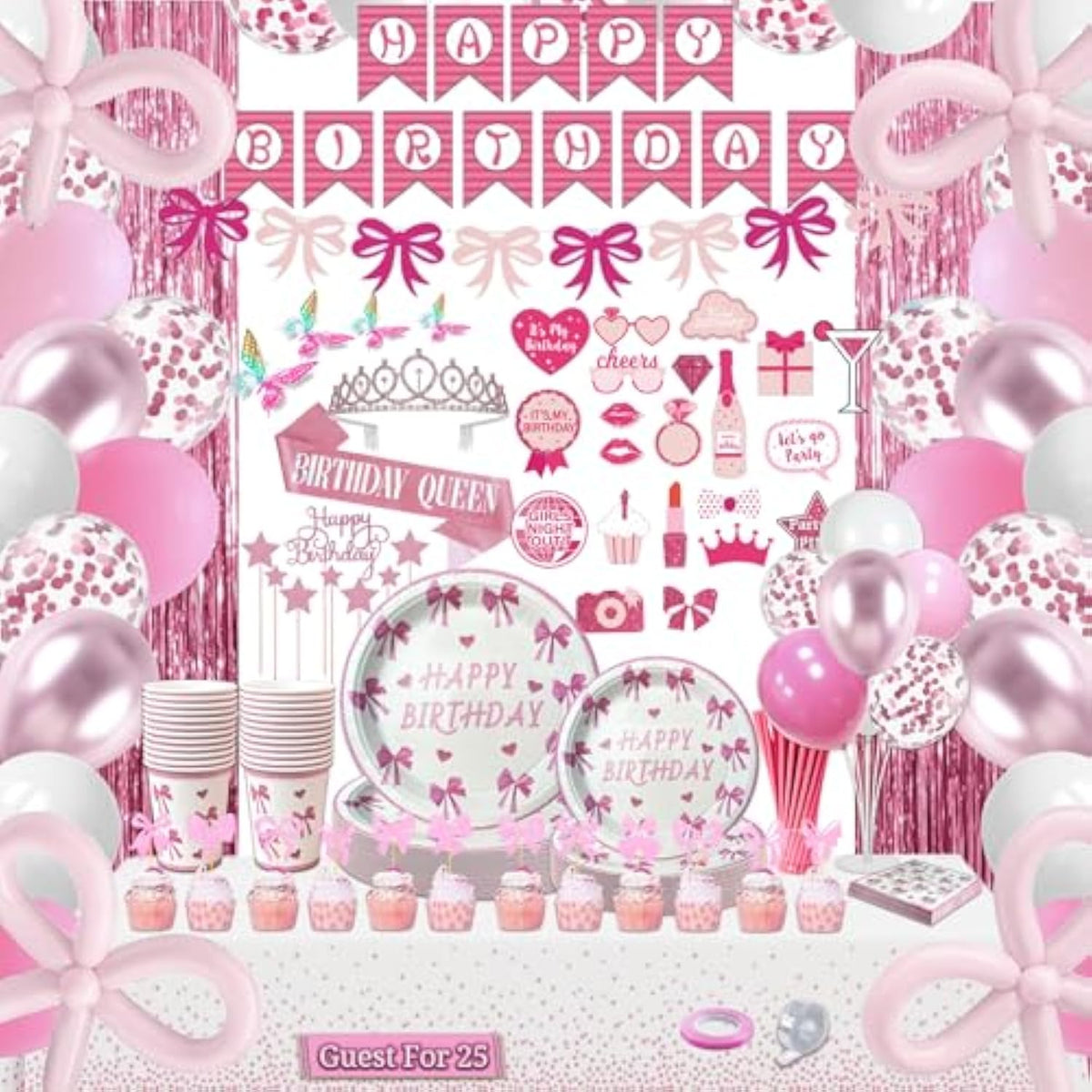 254 Pcs Coquette Birthday Decorations, Pink Bow Party Supplies Inclue Serves 25 Plates And Napkins Tablecloth, Birthday Banner, Balloons, Cake Topper, Butterfly Decor, Photo Props For Girls