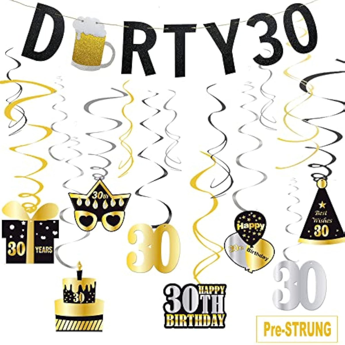 30Th Birthday Banner & Hanging Swirls, Glitter Gold & Black, Happy 30Th Dirty Birthday Decorations For Him & Her, 30 Years Old Party Supplies