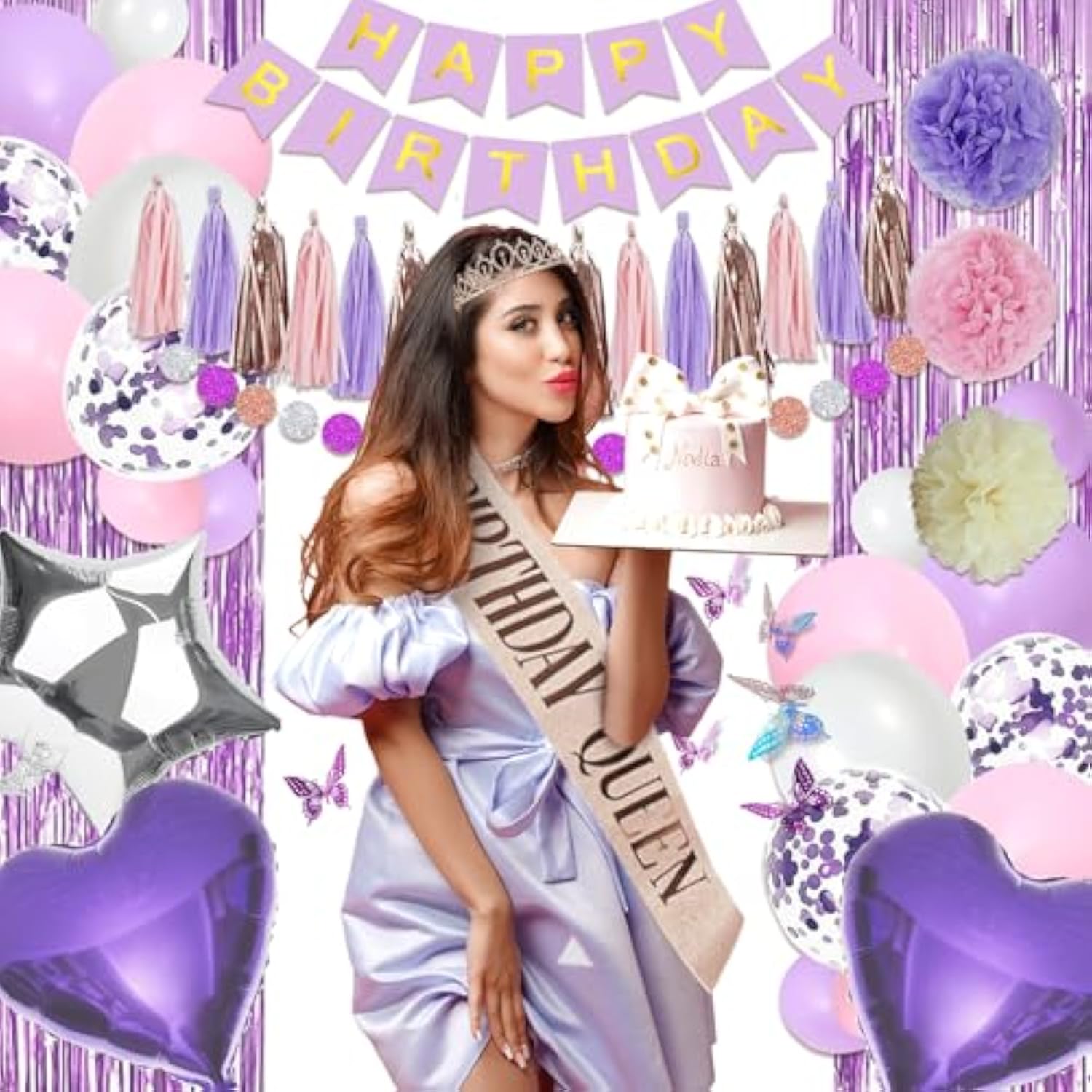 222 Pcs Butterfly Birthday Decorations, Purple And Pink Birthday Decorations For Girls Kit - Disposable Dinnerware Set With 25 Guest, Balloons, Sash, Tiara, Banner, Butterfly Decor