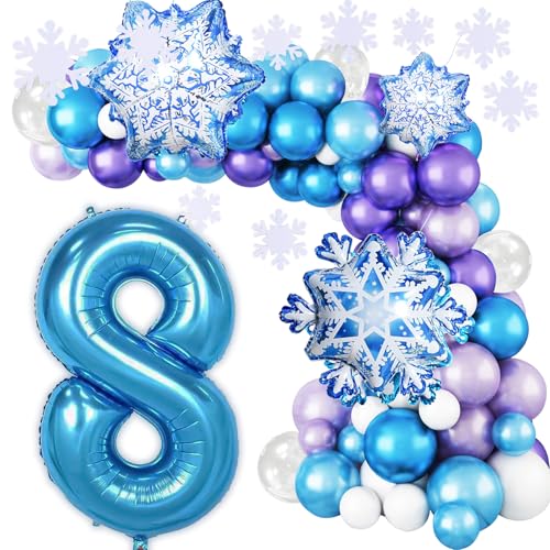 Girls Frozen Balloon Garland Arch for Snow Birthday Party Decorations -63pcs Blue Purple White Balloons with Number 8 foil Balloon for Winter Birthday Décor (Age 8)
