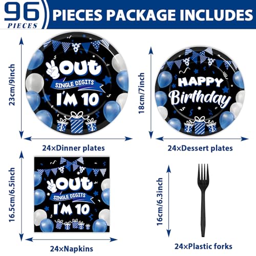 96pcs 10th Birthday Party Plates and Napkins, Blue and Black 10th Birthday Decorations for Boys Girl Double Digits 10 Birthday Party Dessert Plates, Happy 10 Years Old Tableware Decor, Serves 24