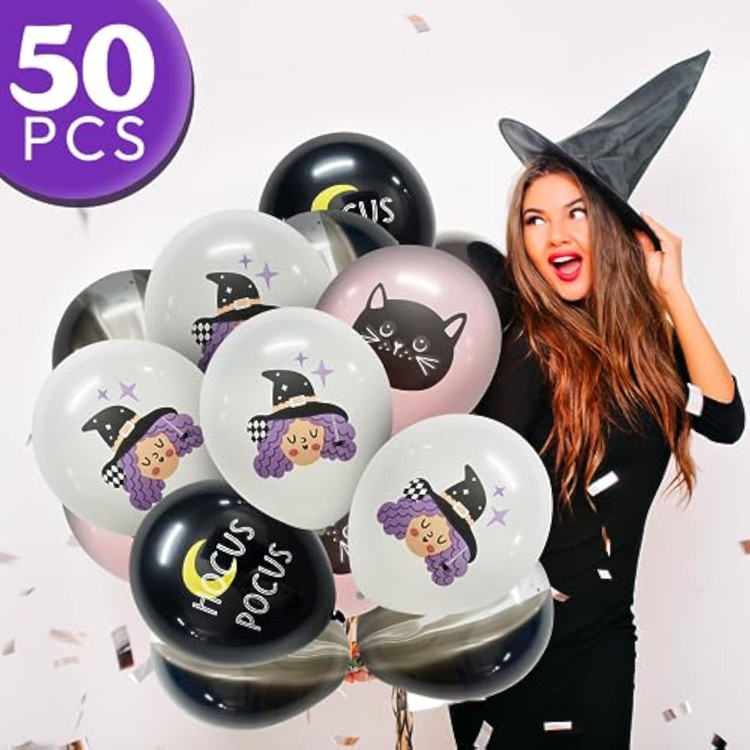 50pcs Halloween Balloons Set Pink Black Witch Cat Latex Balloons for Party Decor