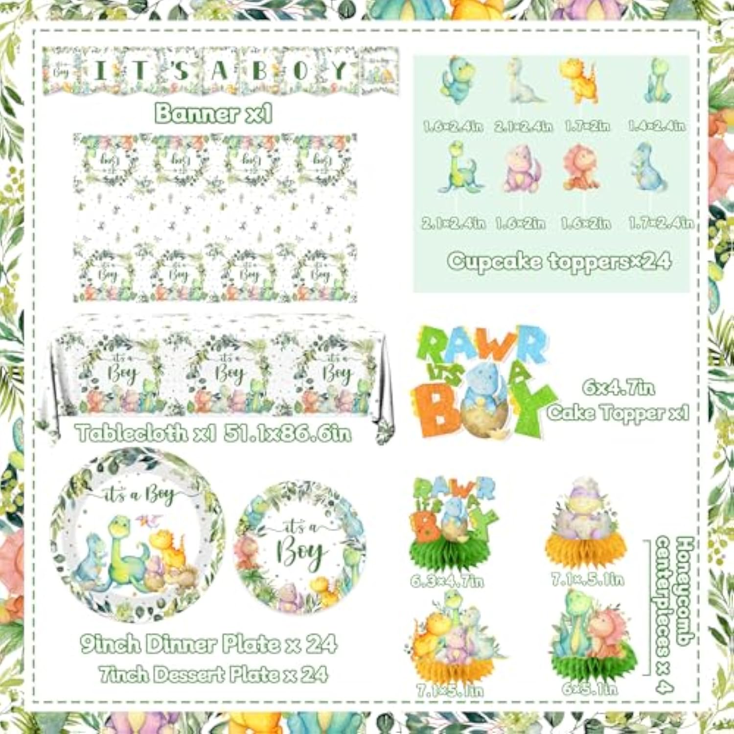 Dinosaur Baby Shower Decorations For Boy, It'S A Boy Baby Shower Party Supplies Disposable Dino Plates Napkins Banner Tablecloth Cake Topper Balloon For Dinosaur Birthday Party Decorations, Serve 24