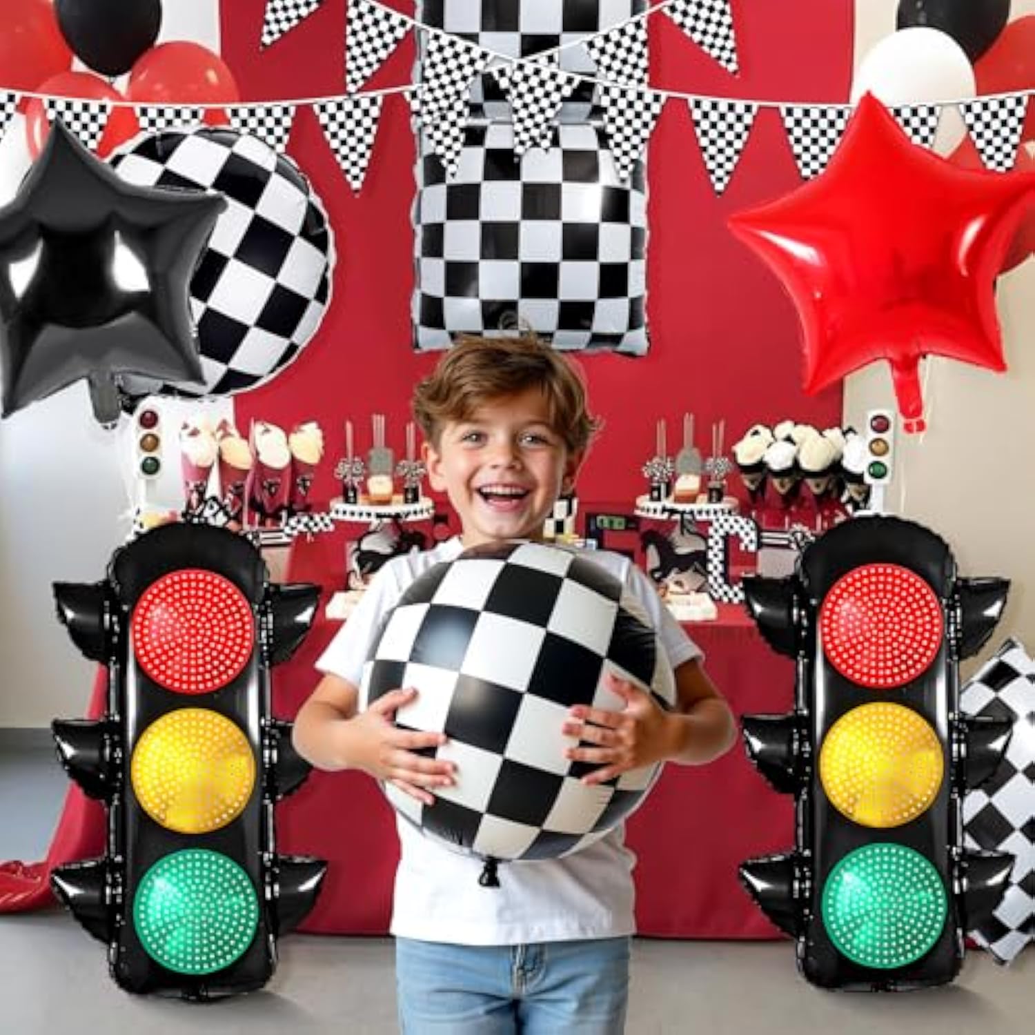 Race Car Birthday Party Decorations With Traffic Light Balloons,Automobile Party Decorations For Kids Include Transportation Light Balloons Checkered Pennant Banner Checkered Balloon
