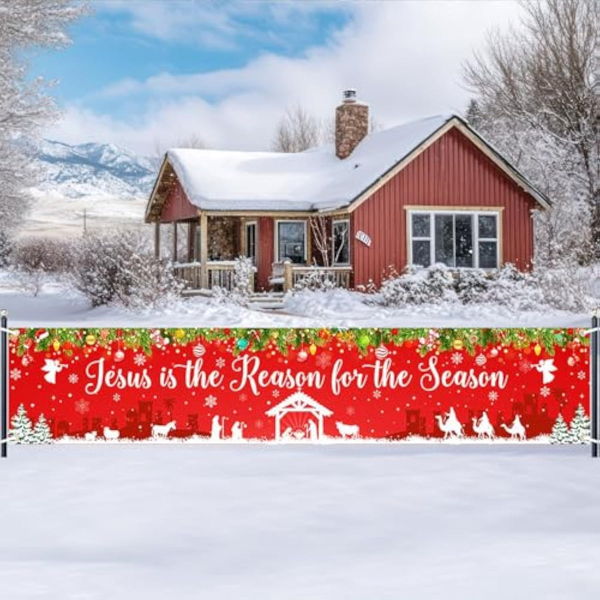 Large Christmas Banner Jesus Is The Reason For The Season Banner 8.2X1.6 Ft Christmas Fence Backdrop Outdoor Xmas Winter Holiday Decorations