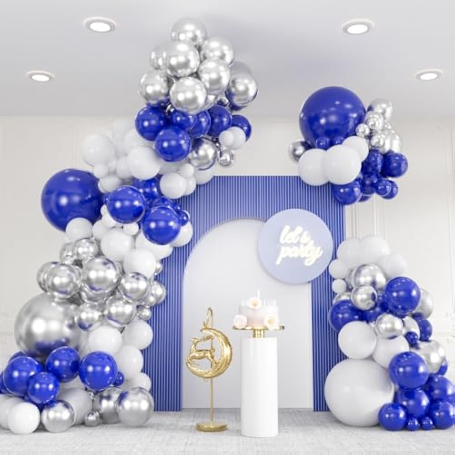 136-Pc Blue, White, and Silver Balloon Garland Kit with Confetti for Party Decor