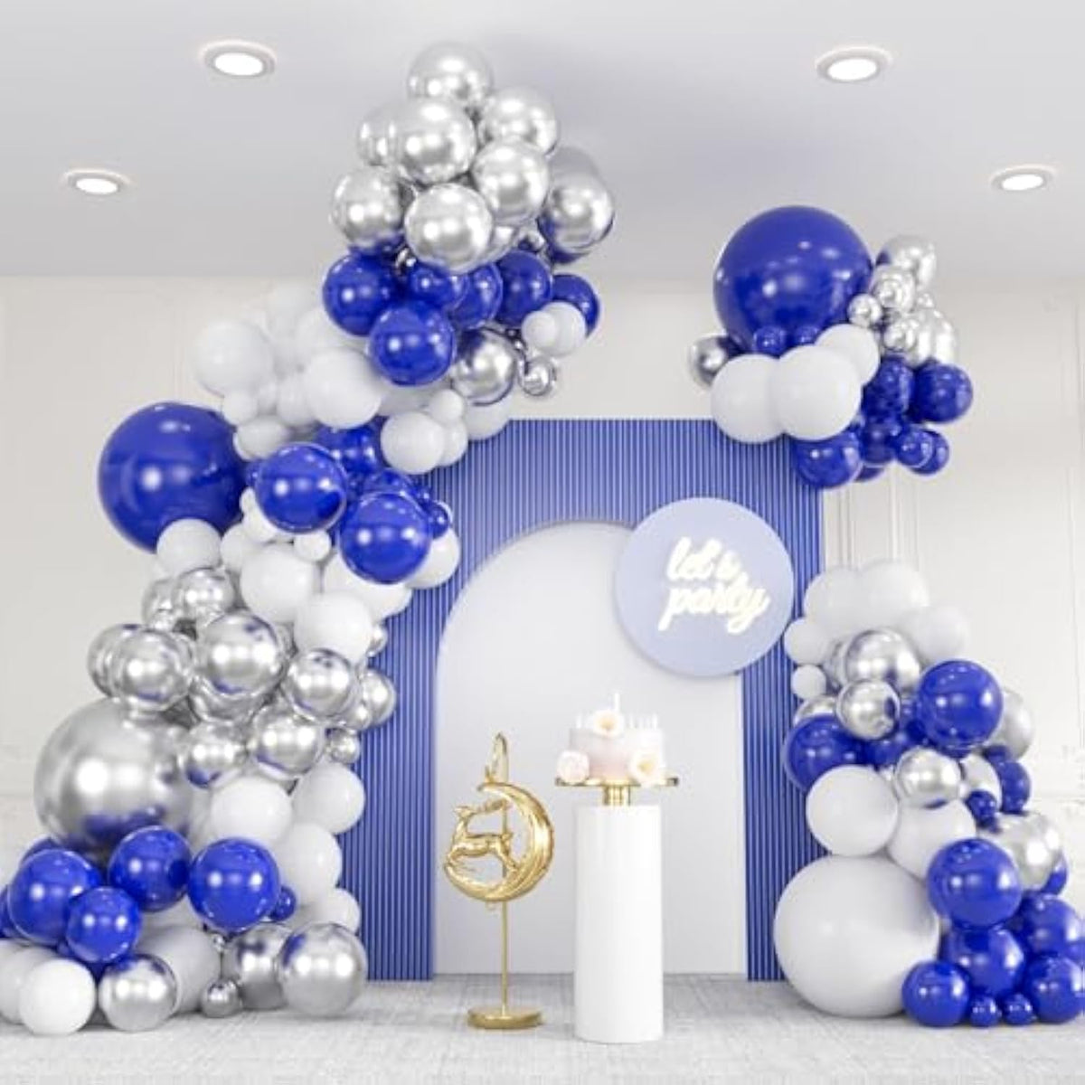 136-Pc Blue, White, and Silver Balloon Garland Kit with Confetti for Party Decor
