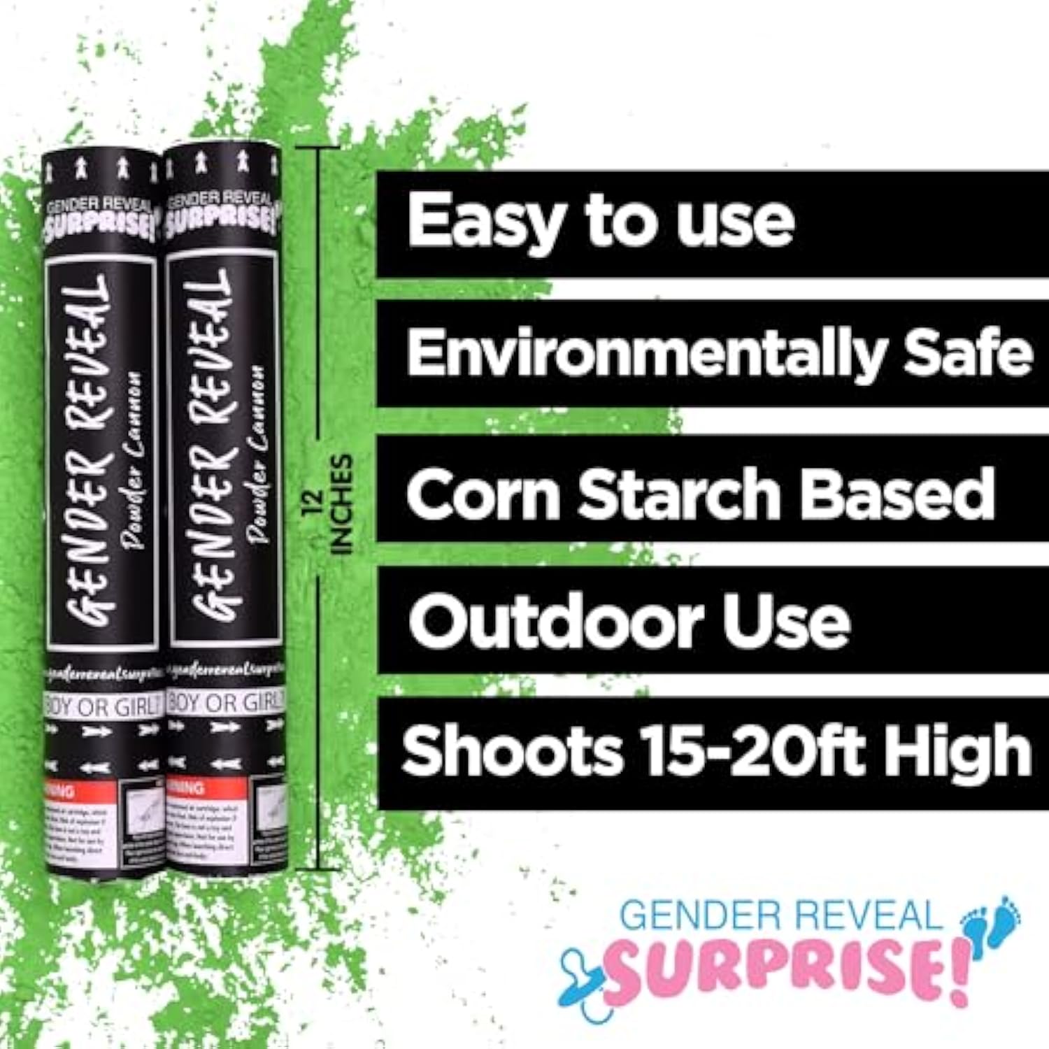Gender Reveal Surprise - Green Gender Reveal Powder Cannon - Easy To Use Green Powder Cannon For Baby Gender Reveal Parties, Baby Showers & More - Colorful Powder Popper - 12 Inch - 2 Pack