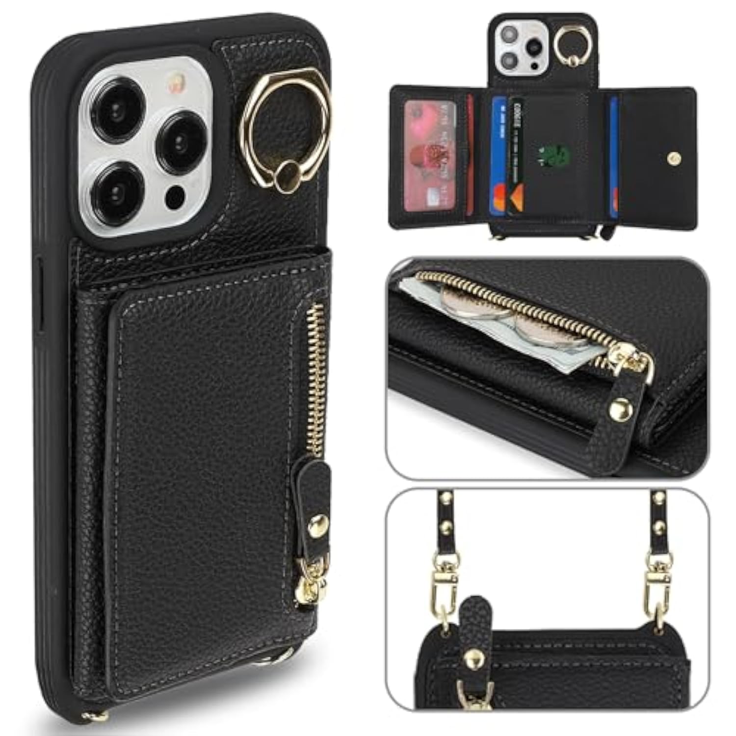 For 14 Pro Max Case With Card Holder,Phone Case For 14 Pro Max Case With Strap Crossbody Lanyard Stand,14 Pro Max Wallet Case For Women,Pu Leather Zipper Pocket Case-Black