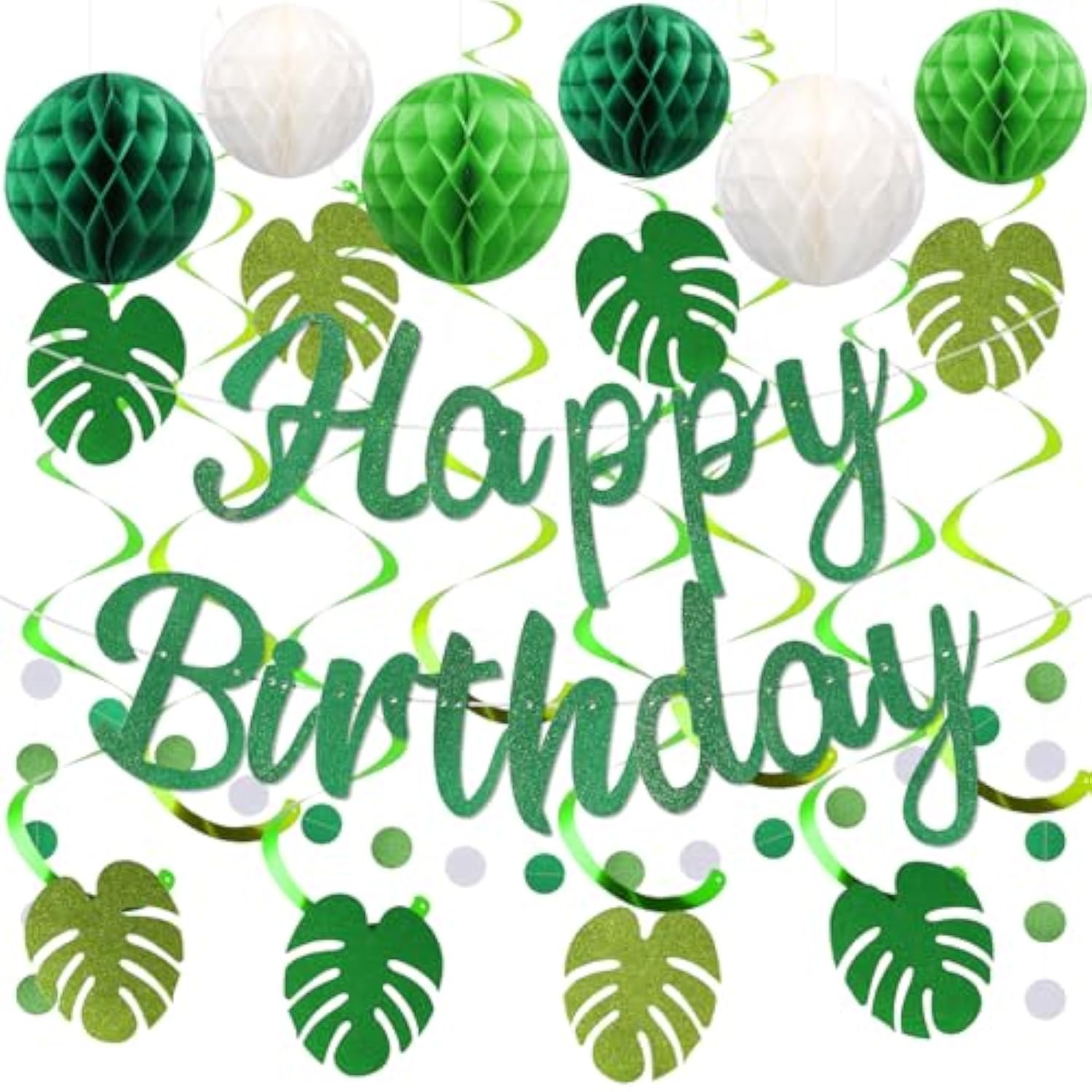 Birthday Decorations, No Diy, Pre-Strung Happy Birthday Banner With Honeycomb Balls, Hanging Swirls, Circle Dots Garland, Happy Birthday Party Decorations For Women Men Boys Girls (Green)