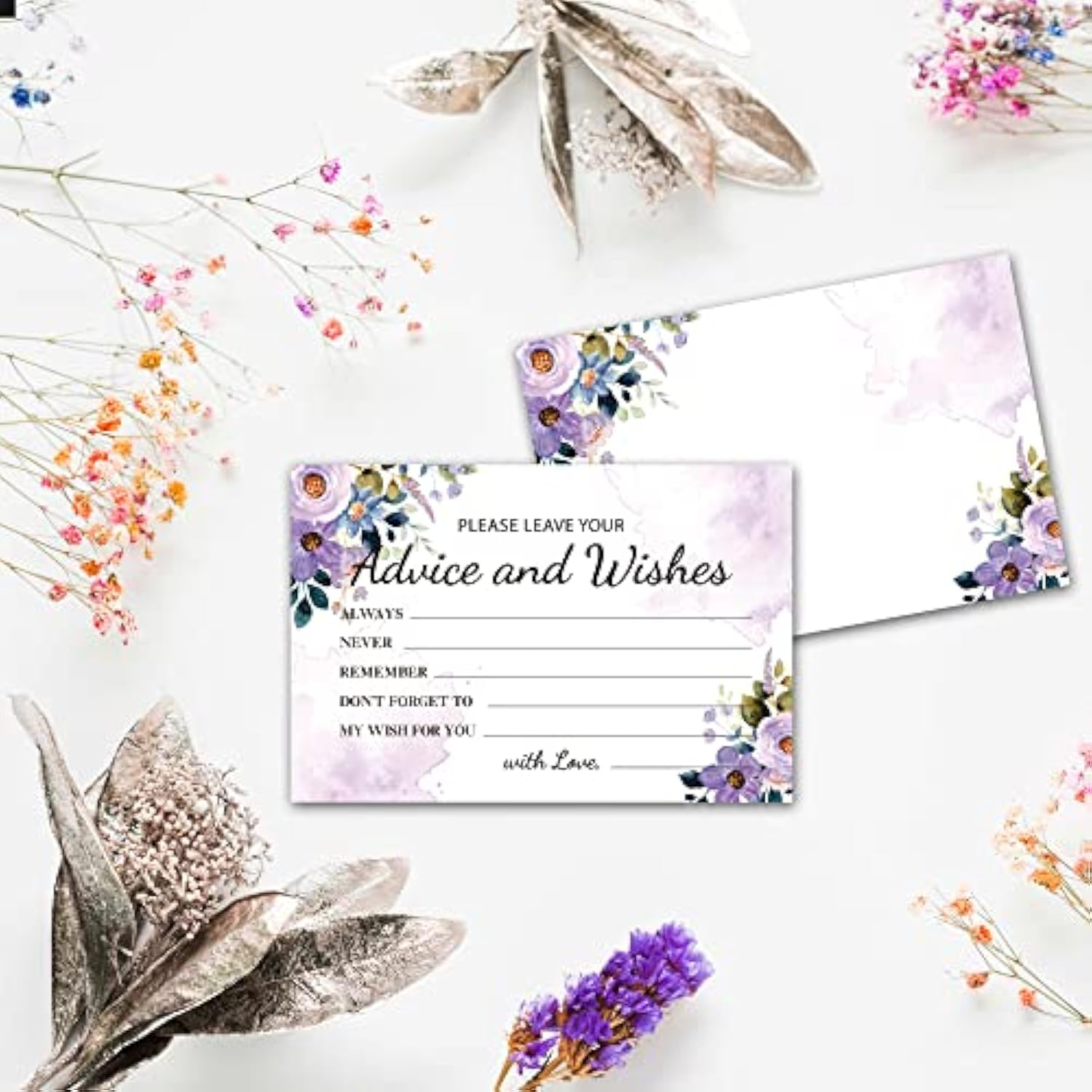 Purple Floral Advice And Wishes Cards, 25 Pcs Watercolor Purple Double Sided Advice Cards For The Bride And Groom, Mr And Mrs, Bride Shower, Wedding Reception, Engagement Party(08)