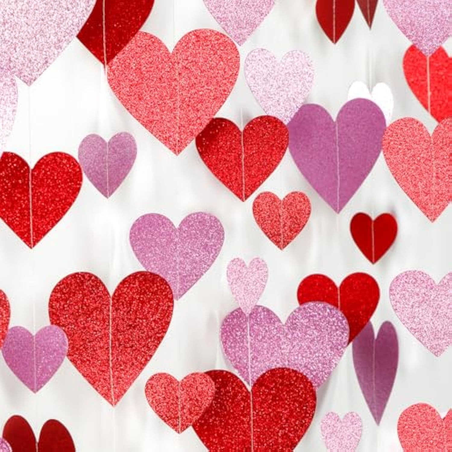 Galentines Valentines Party-Decorations Heart Garland - 6Pcs Glitter Pink Red Love Hanging Streamers,Romantic Special Night Baby Shower Wedding Anniversary Ceiling Banner Backdrop Decor