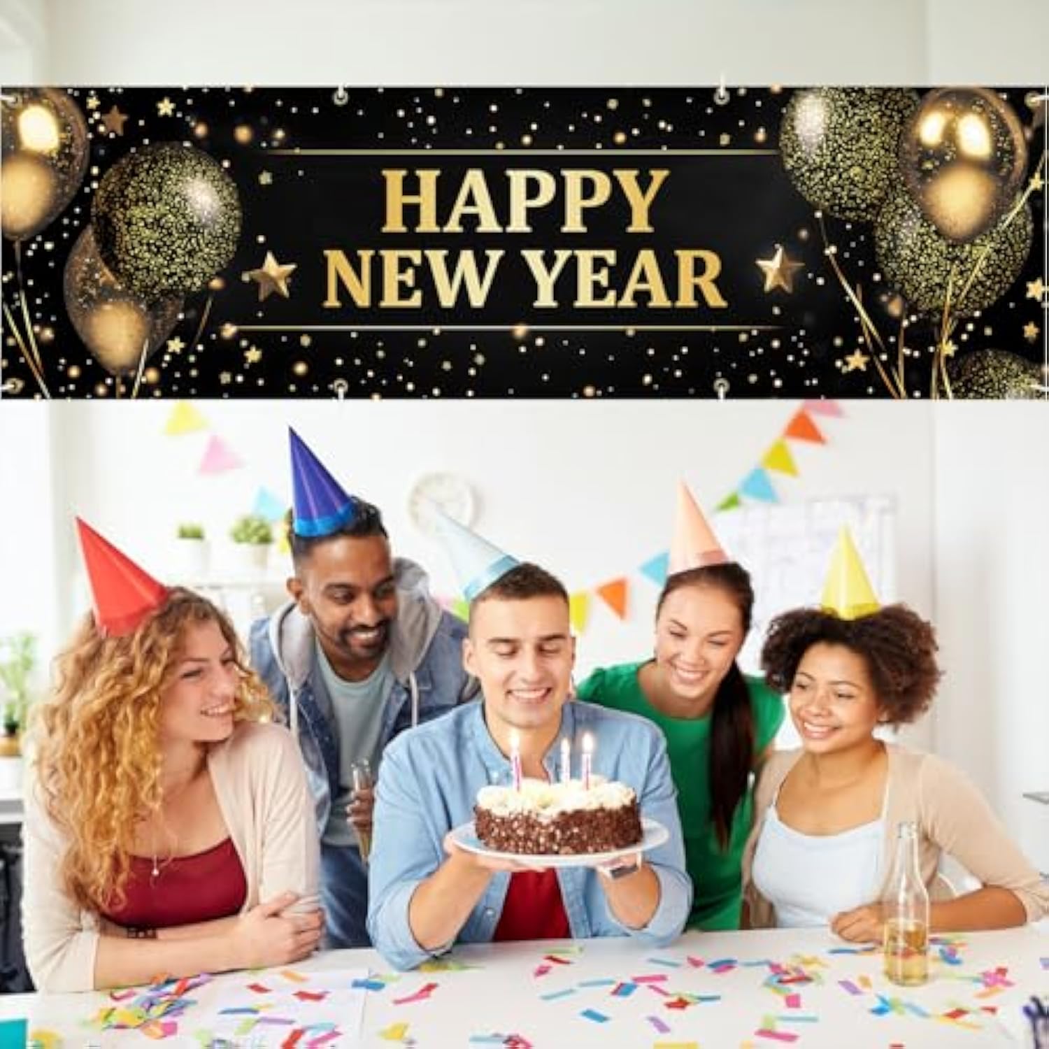 Extra-Large 10x3 Ft "Happy New Year" Outdoor Banner 115" x 35" Fence Sign
