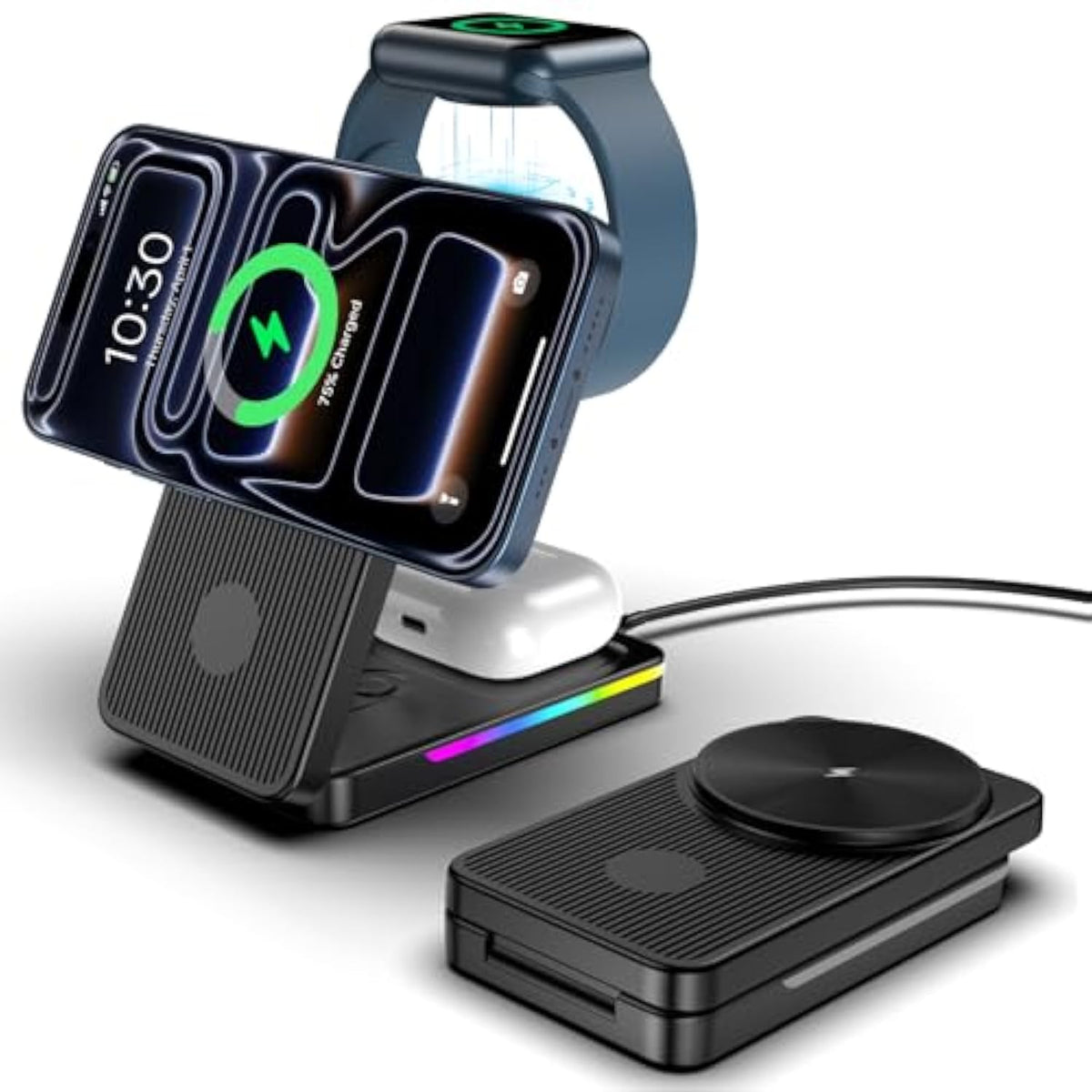 Wireless Charging Station For Mag-Safe Charger, 3 In 1 Mag-Safe Charger Stand For Iphone 16 Pro Max/15/14/13/12, Foldable Mag-Safe Nightstand Charger For Air Pods, Iwatch (Black)