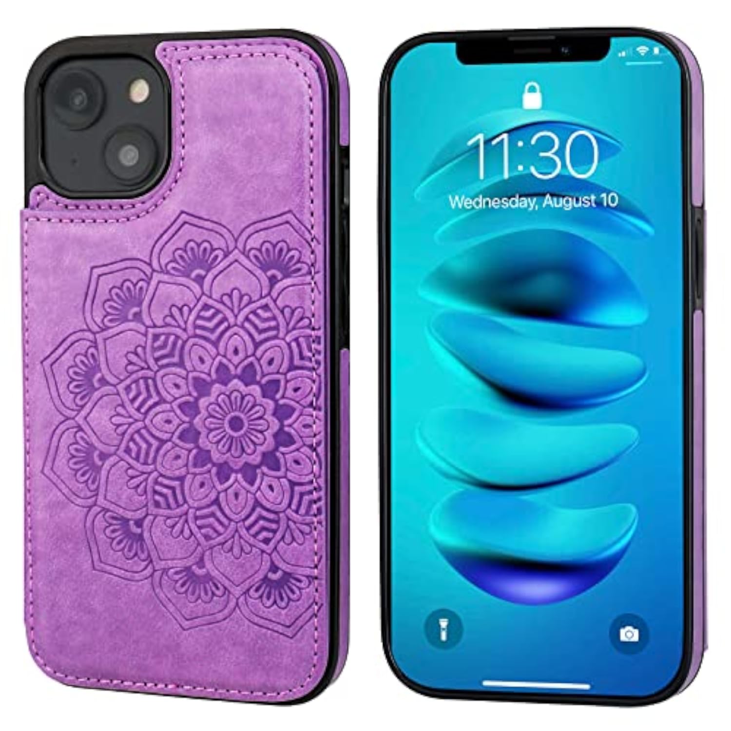 Mandala Pattern PU Leather Wallet Case for iPhone 14 with Card Holder and Double Buttons, Compatible with Magnetic Car Mount, 6.1 Inch, Purple