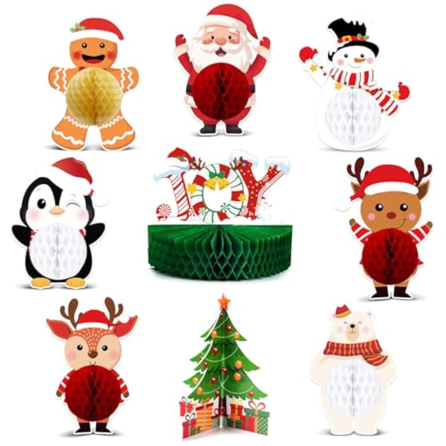 9pcs Cute Christmas Honeycomb Table Centerpieces with Santa Snowman Reindeer