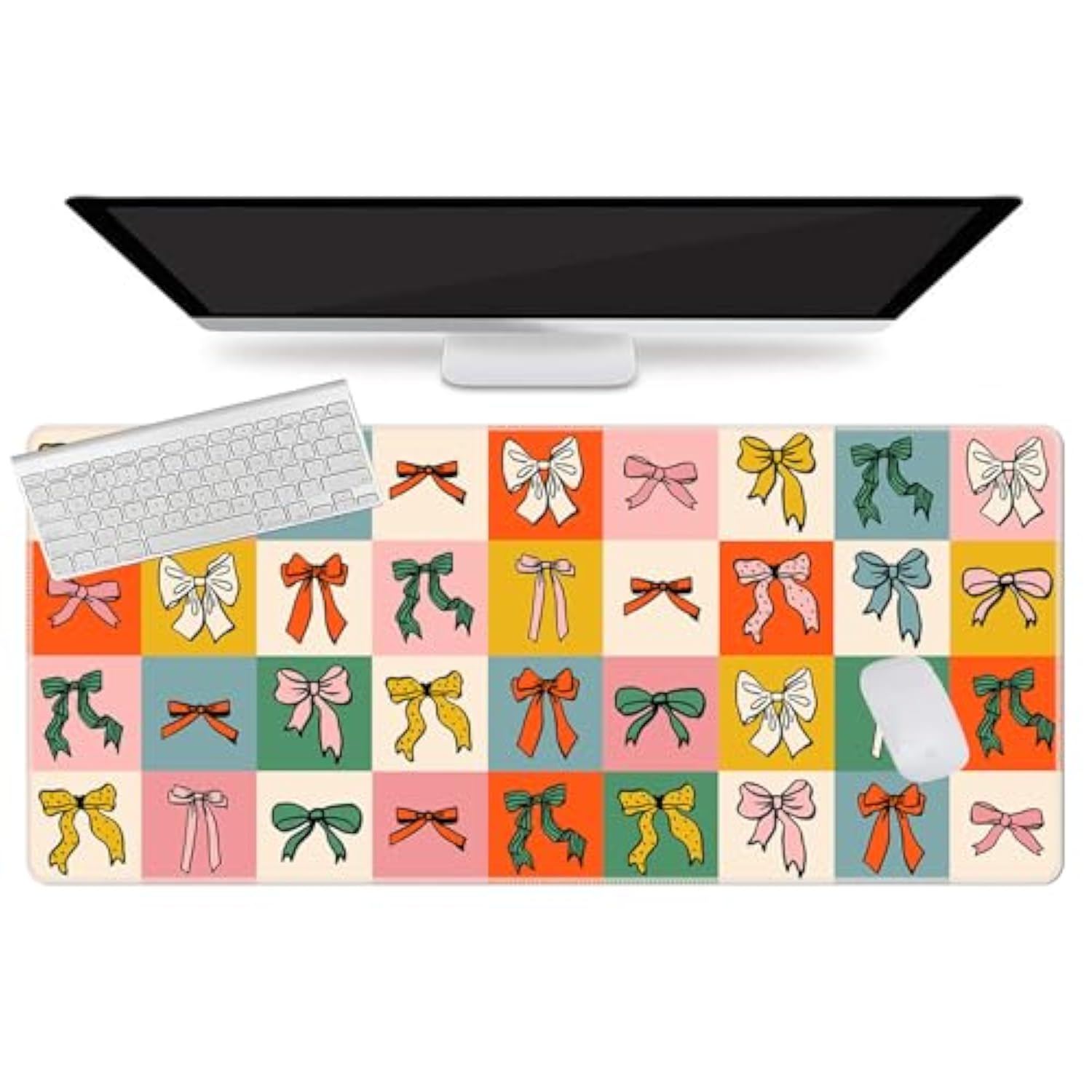 Geometric Bow Desk Mat For Keyboard And Mouse,Cute Xxl Large Mouse Pad,35.4X15.7In Non-Slip Keyboard Pad Waterproof Girly Desktop Mat For Laptop Computer Work Game Home Office-Checkered Bow
