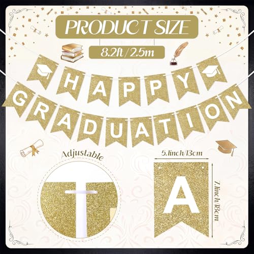 Happy Graduation Banner Gold Glitter Graduation Sign Banner Garland Party Decorations Wall Hanging Decor for Home Grad Party College Senior High School Prom