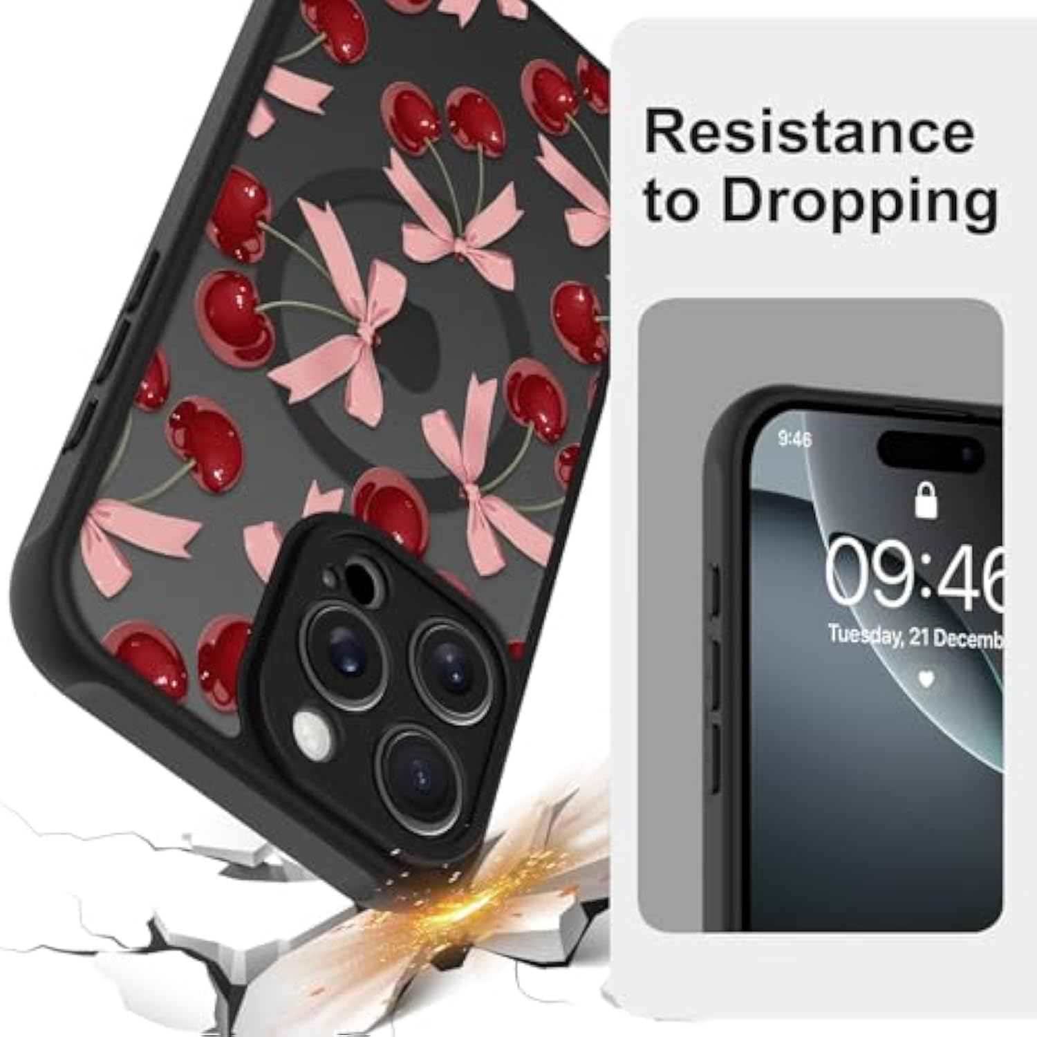 Magnetic Case For Iphone 16 Pro Max 6.9 Inch [Compatible With Magsafe] Hard Pc And Soft Tpu Case With Cherry Pink Bows Anti-Scratch Shockproof Protection Phone Cover For Women