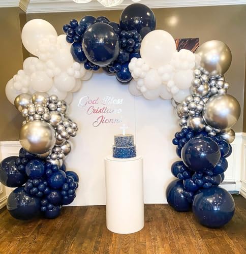 Navy Blue and Silver Balloons Garland Arch Kit,150pcs Navy Blue Silver and White Latex Balloons in Different Sizes for New Year Graduation Baby Shower Birthday Prom Wedding Party Decorations