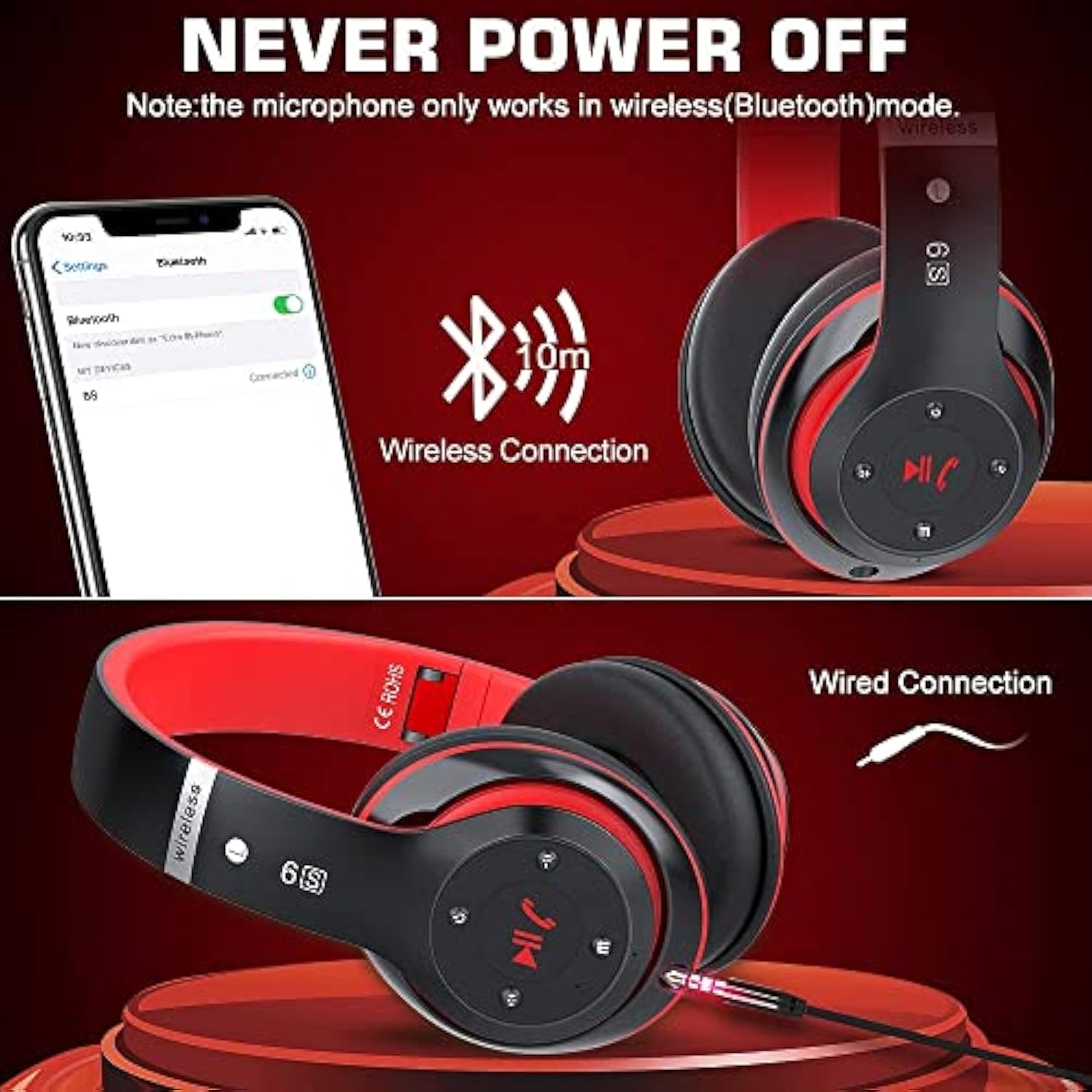 6S Bluetooth Headphones Over-Ear, Hi-Fi Stereo Foldable Wireless Stereo Headse