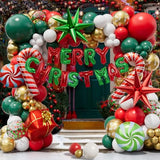 Christmas Balloon Garland Arch kit with Merry Christmas Banner and Christmas Red White Green Cane Balloons Candy Balloons Gift Box Balloons Explosion Star Foil Balloons for Xmas Party Decorations