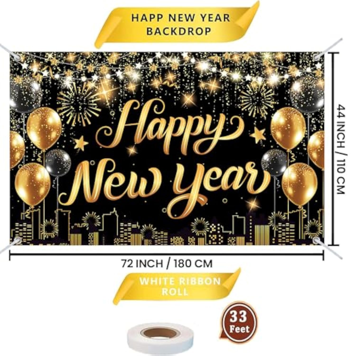 Happy New Year 2026 Large Black Gold Banner 72x44in Party Decor