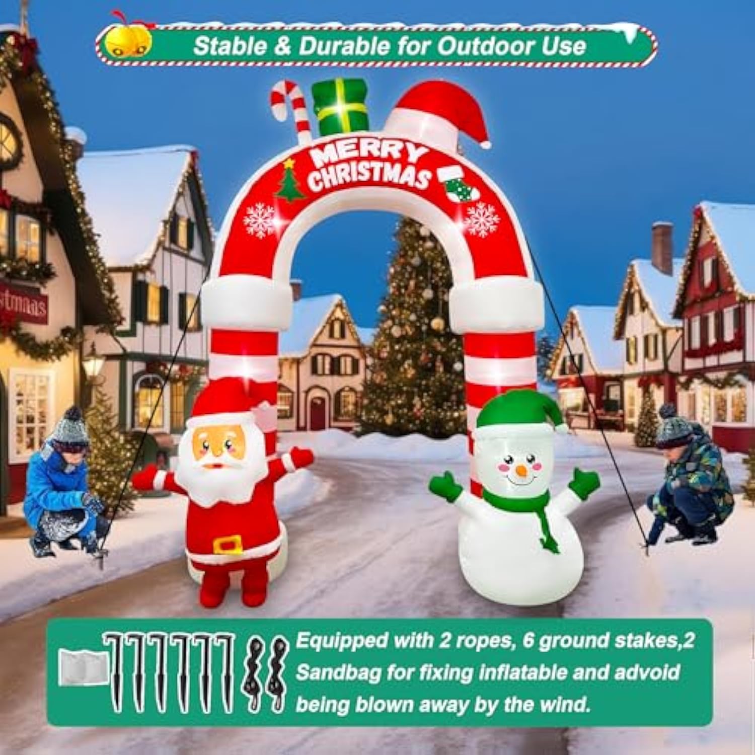 10 Ft Christmas Inflatable Santa Snowman Archway Decoration, Led Lighted Giant Xmas Arch With Candy And Gift Box Blow Up