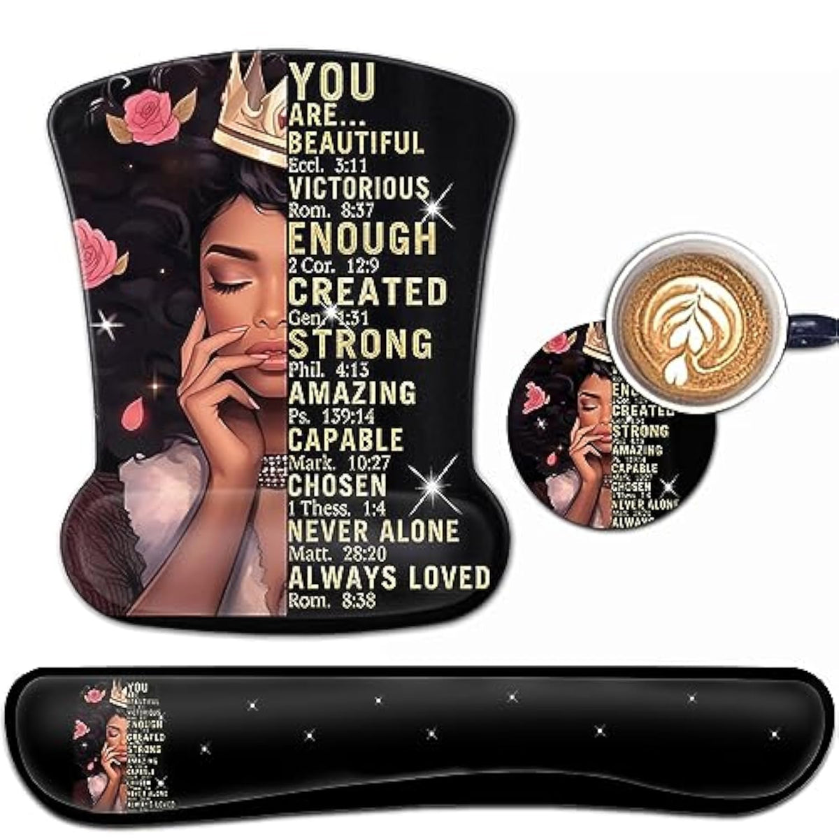 Keyboard Wrist Rest And Mouse Pad Wrist Support Set, Ergonomic Gel Mouse Pad Wrist Rest With Non-Slip Base For Home Office Desk Pad, African American Women Black Girl Black Gaming Mouse Mat