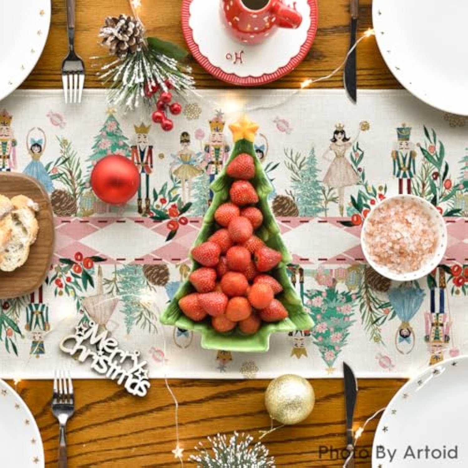 Nutcracker Floral Holly Christmas Table Runner, Seasonal Winter Kitchen Dining Table Decoration For Home Party Decor 13X72 Inch