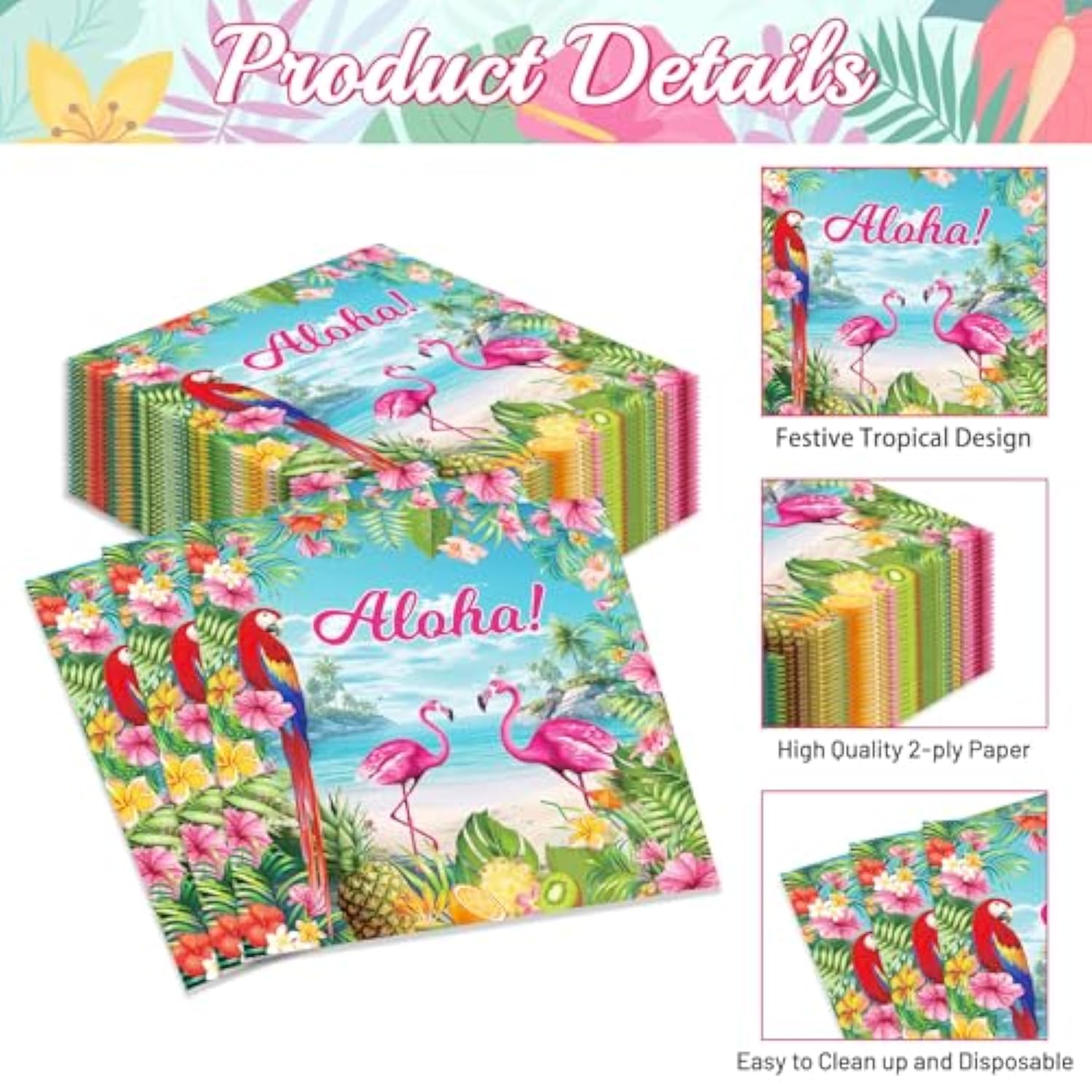 Pack Of 50, Tropical Aloha Paper Napkins, Colorful Flamingo Parrot Design, Hawaiian Themed Disposable Cocktail Napkin For Luau, Beach, And Summer-Themed Birthday Party Supplies, 13X13 Inches Unfolded