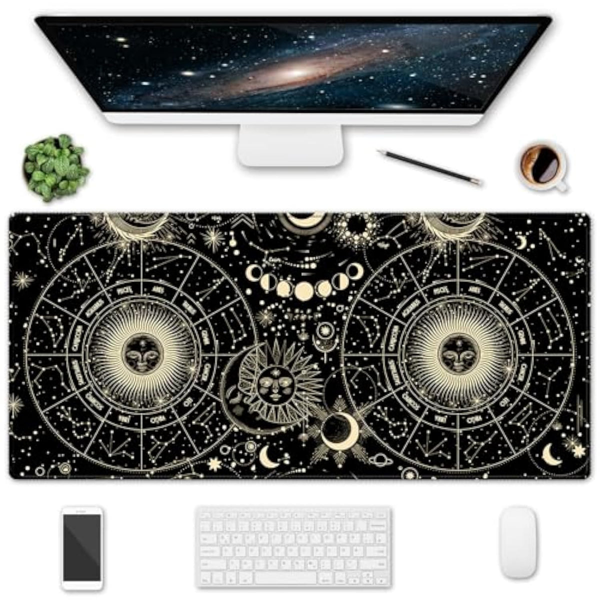 Xxl Large Gaming Mouse Pad & Desk Protector (35.5"X15.75") With Non-Slip Base, Waterproof Surface | Xxl Mouse Pad With Stitched Edges For Office Work, Gaming, Home Desk - Black Moon Sun
