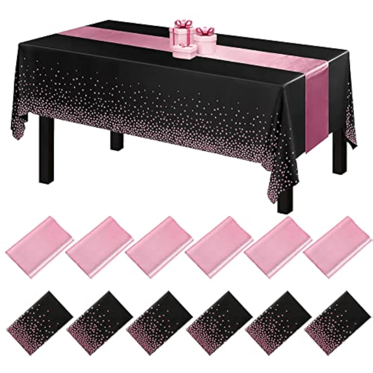 12 Pack Disposable Plastic Tablecloths And Satin Table Runner Set,54 X 108 Inch Black And Rose Gold Dot Tablecloth 12 X 108 Inch Table Runner For Wedding Birthday Christmas Anniversary