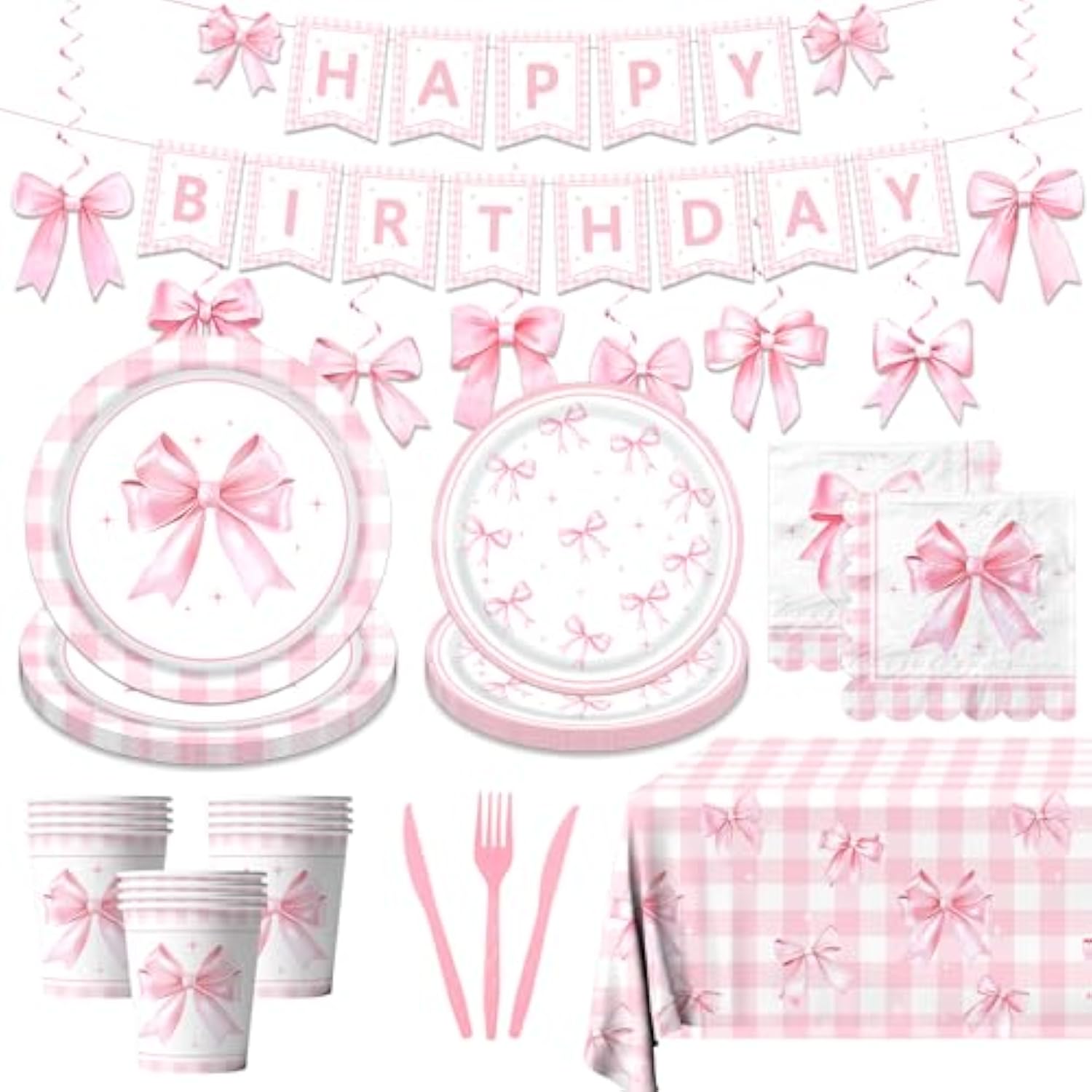 178PCS Coquette Pink Bow Party Set - Plates, Napkins & Tableware for 24 Guests